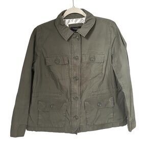 Talbots Womens Sz XP Petite Military Jacket Green Collar Buttons Pockets Cotton